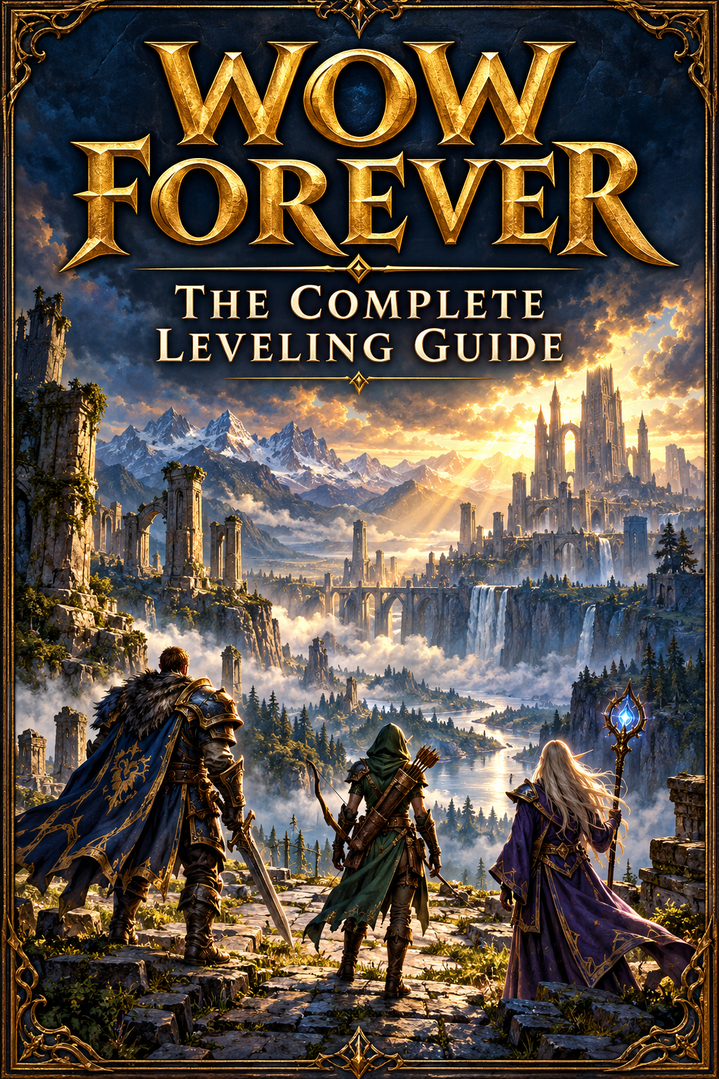 WoW Forever — The Complete Leveling Guide. Gold lettering above adventurers, ancient ruins and a mountain valley.