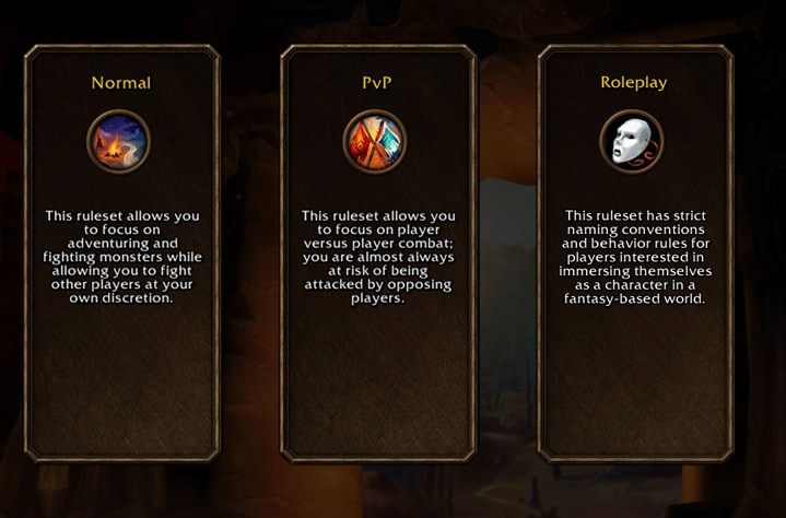 Official interface showing the Normal, PvP and Roleplaying rulesets